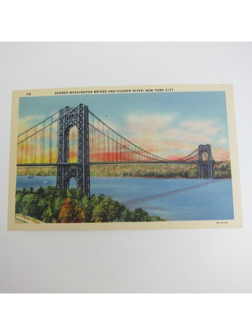Linen Postcard New York City George Washington Bridge & Hudson River Vintage
